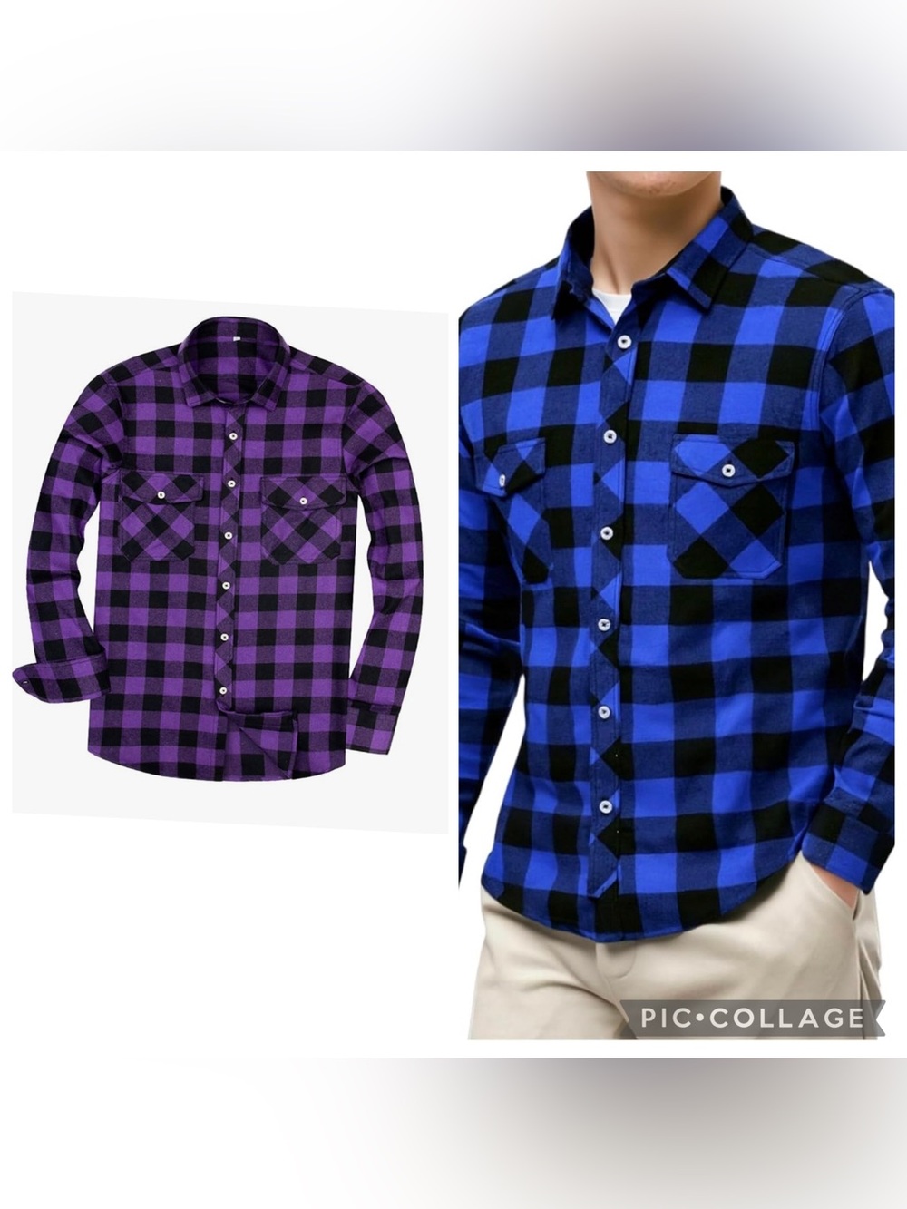 2 Men’s Amazon Essentials Blue and Purple Buffalo Plaid Button-Down Shirt